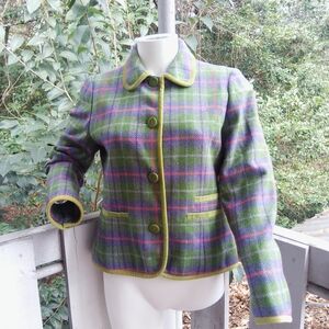 Vintage 90s Y2K Plaid Preppy Green Wool Button Up Jacket Women PM